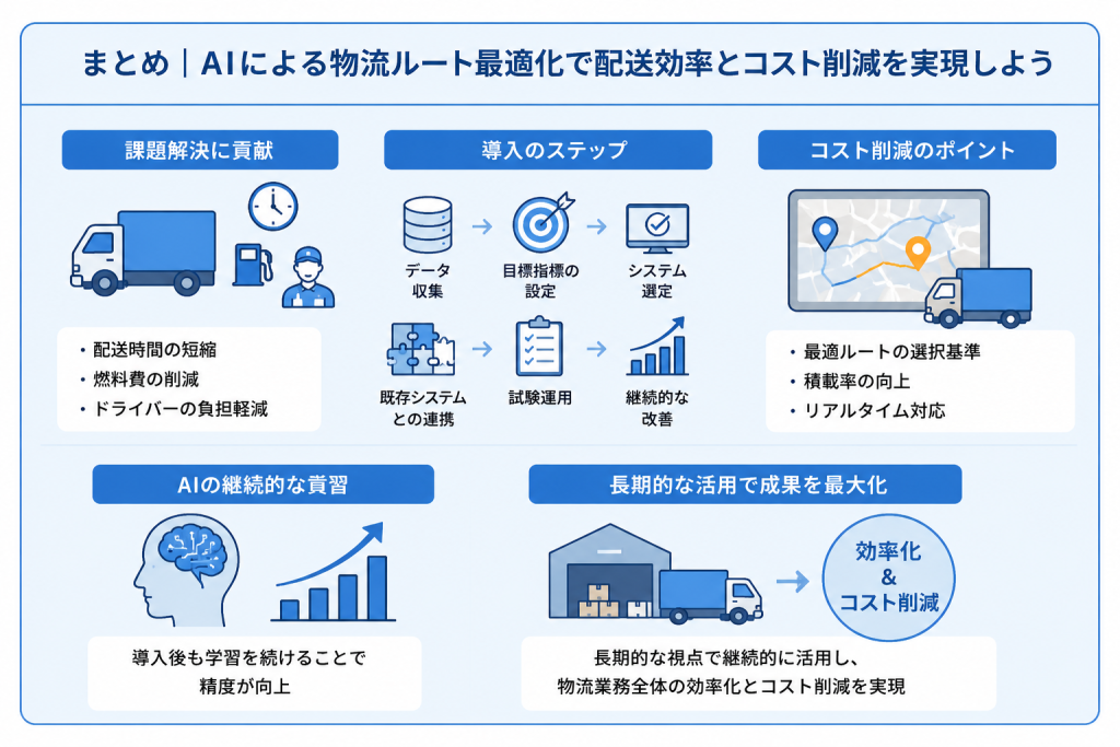 AIによる物流ルート最適化の導入メリット。配送時間の短縮や燃料費の削減およびドライバーの負担軽減による業務効率化の全体像"