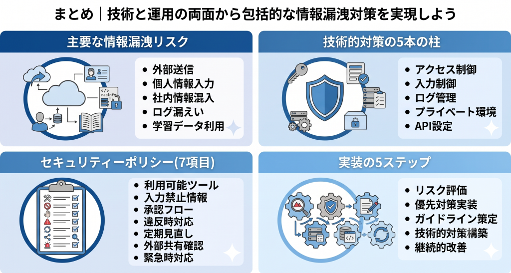 生成AI利用の5つのリスクと技術的対策。外部送信や個人情報入力のリスクに対するアクセス制御とログ管理およびAPI設定の要点