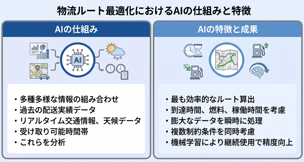 物流ルート最適化AIの仕組み。配送実績や交通情報および天候データと配送先時間帯などの多種多様な情報の組み合わせ分析