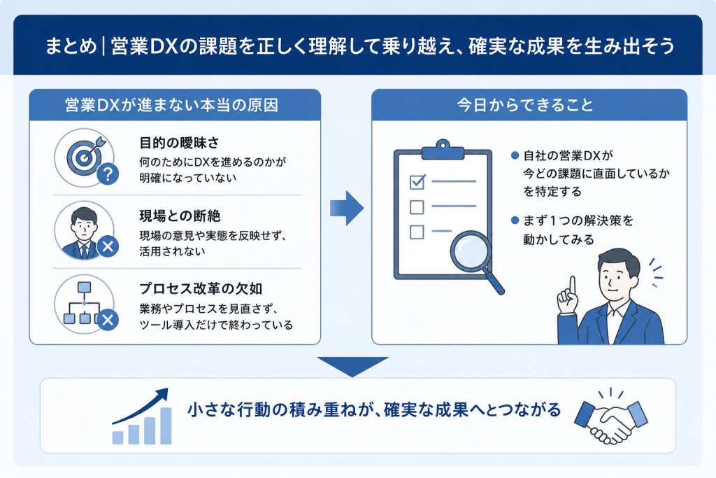 目的の曖昧さや現場との断絶といった組織課題を特定し改善に向けた第一歩を踏み出す営業DXのイメージ
