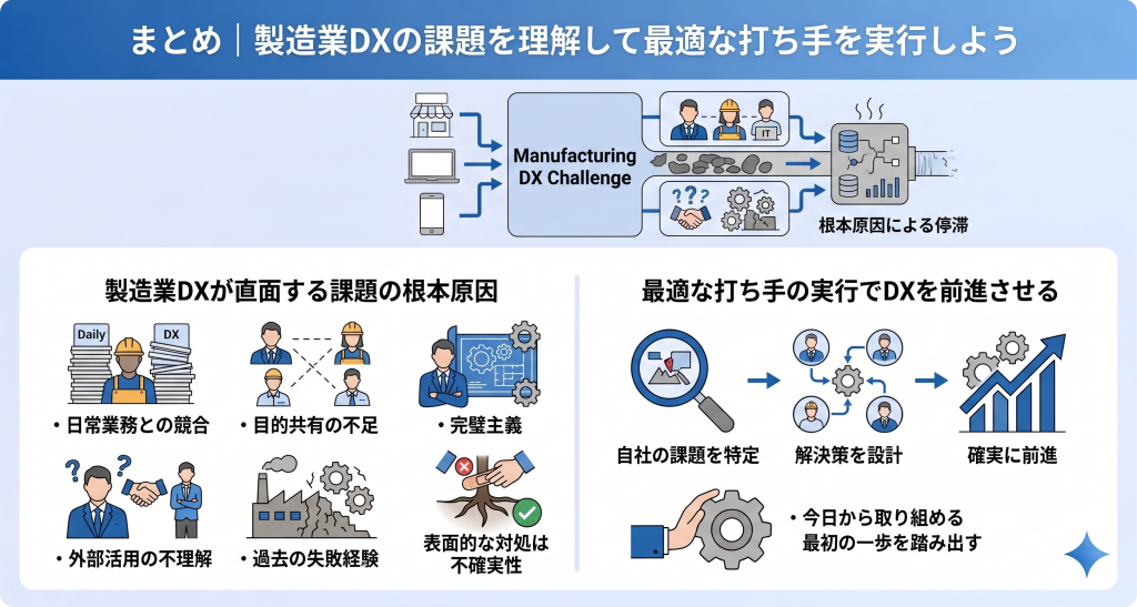 製造業DXの課題を解決し推進を前進させるための取り組みを表す製造業DXのイメージ
