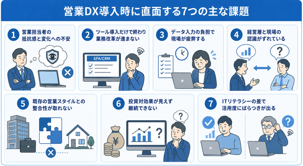 営業DX推進における組織課題とボトルネックを整理したイメージ
