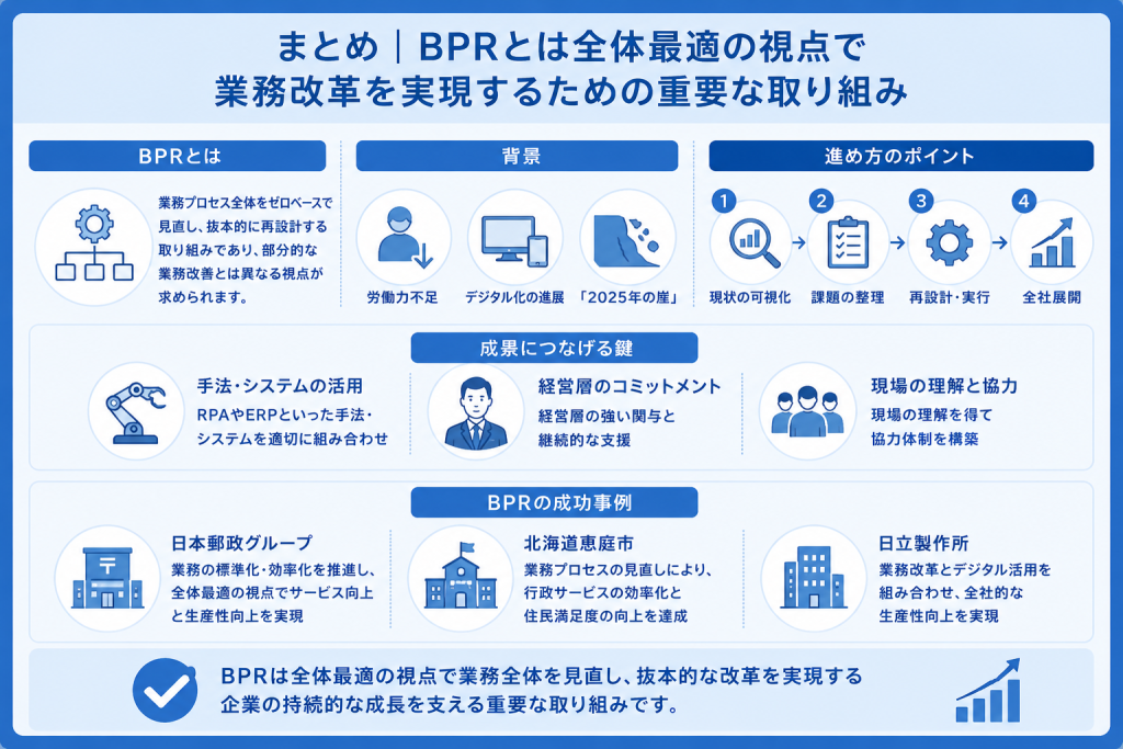 全体最適の視点で業務改革を実現するBPRの重要性を表すBPRのイメージ
