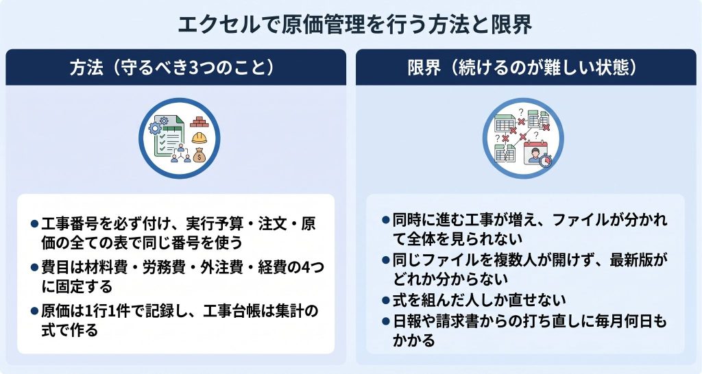 エクセルで原価管理を行う方法と限界を表したイメージ