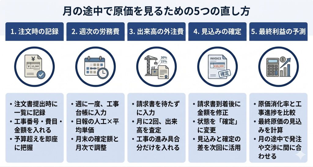 月の途中で原価を見るための5つの直し方を表したイメージ