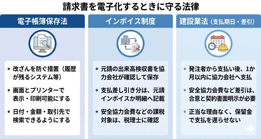 請求書を電子化するときに守る法律を表したイメージ