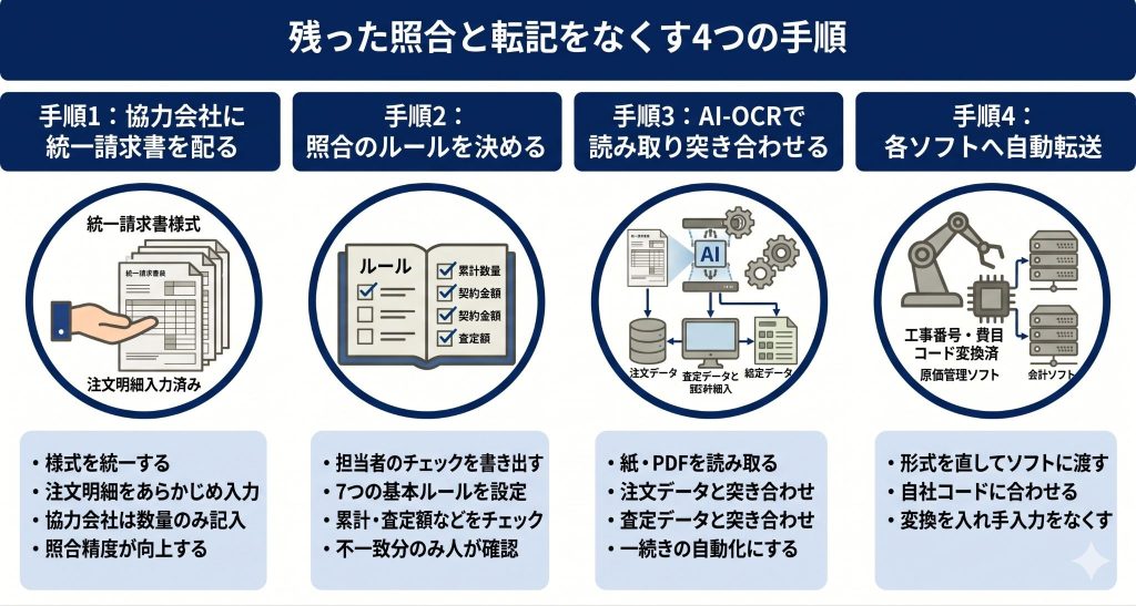 残った照合と転記をなくす4つの手順を表したイメージ