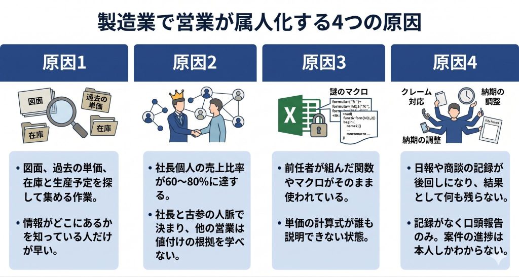 製造業で営業が属人化する4つの原因を表したイメージ
