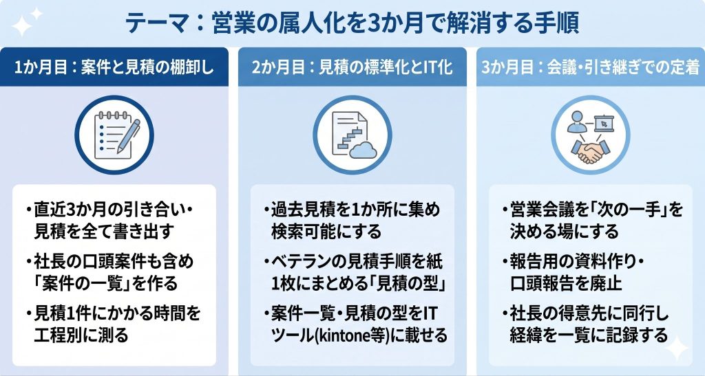 営業の属人化を3か月で解消する手順を表したイメージ