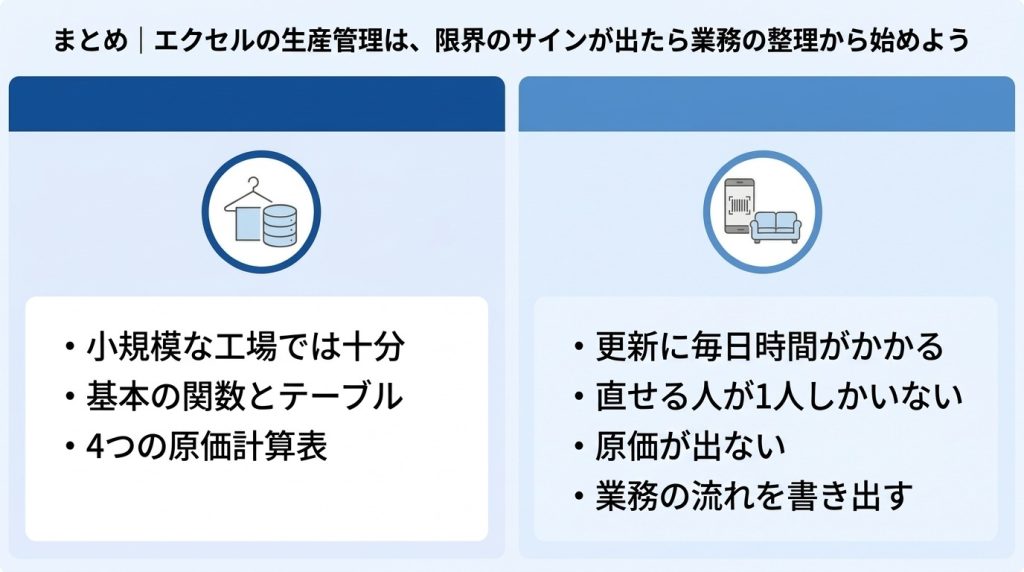 エクセルの生産管理は、限界のサインが出たら業務の整理から始めるイメージ