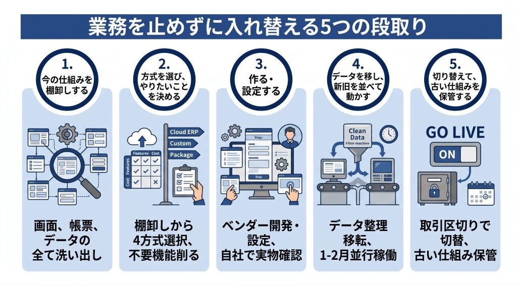 業務を止めずに入れ替える5つの段取りを表したイメージ